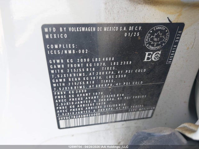 Aukcja sprzedaży 2025 Volkswagen Taos Trendline, vin: 3VV8C7B28SM026008, numer aukcji: 12599704