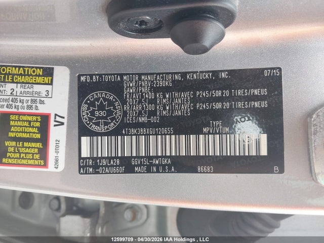 4T3BK3BBXGU120655 Toyota Venza Base V6