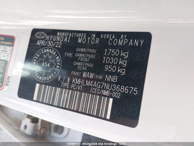 KMHLM4AG7NU368675 Hyundai Elantra Preferred Ivt With Sun And Tech Package