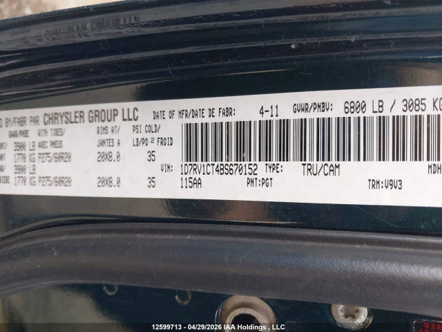 Продажа на аукционе авто 2011 Ram Ram 1500 Slt, vin: 1D7RV1CT4BS670152, номер лота: 12599713