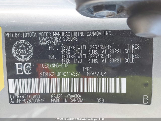 12599714 :رقم المزاد ، 2T2HK31U09C114367 vin ، 2009 Lexus Rx 350 مزاد بيع