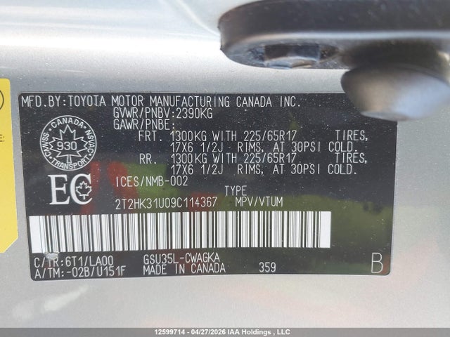12599714 :رقم المزاد ، 2T2HK31U09C114367 vin ، 2009 Lexus Rx 350 مزاد بيع