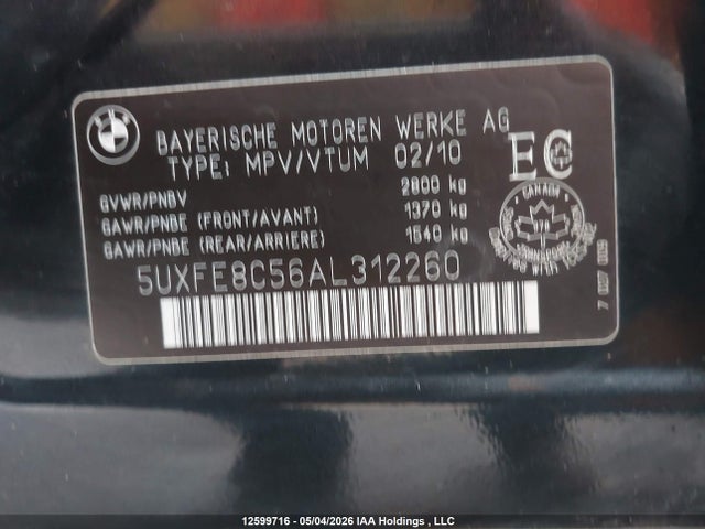 12599716 :رقم المزاد ، 5UXFE8C56AL312260 vin ، 2010 Bmw X5 Xdrive48i مزاد بيع