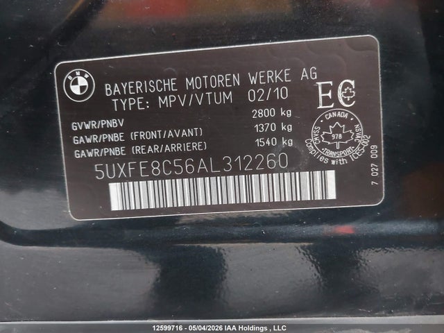 12599716 :رقم المزاد ، 5UXFE8C56AL312260 vin ، 2010 Bmw X5 Xdrive48i مزاد بيع