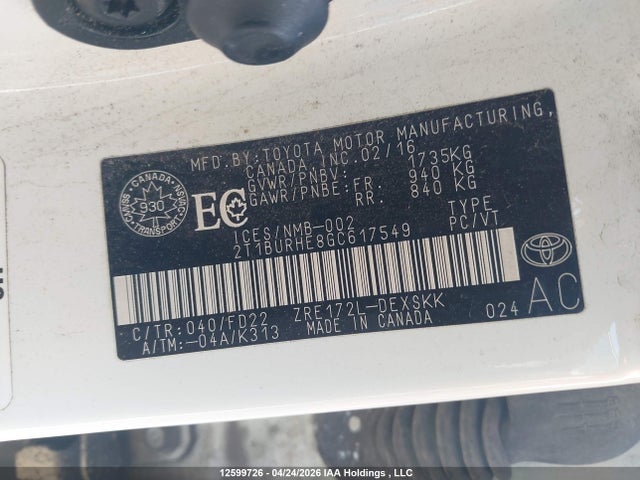 2T1BURHE8GC617549 Toyota Corolla L/le/le Pls/prm/s/s Pls