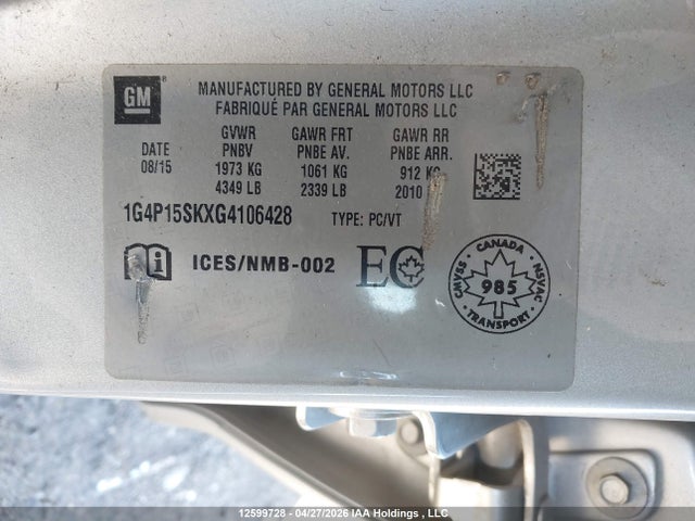 12599728 :رقم المزاد ، 1G4P15SKXG4106428 vin ، 2016 Buick Verano مزاد بيع