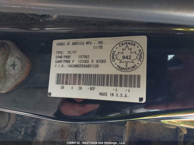 Aukcja sprzedaży 2006 Honda Accord Ex V6, vin: 1HGCM66556A801129, numer aukcji: 12599732