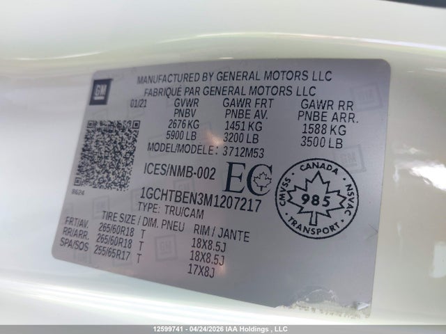 12599741 :رقم المزاد ، 1GCHTBEN3M1207217 vin ، 2021 Chevrolet Colorado Wt مزاد بيع