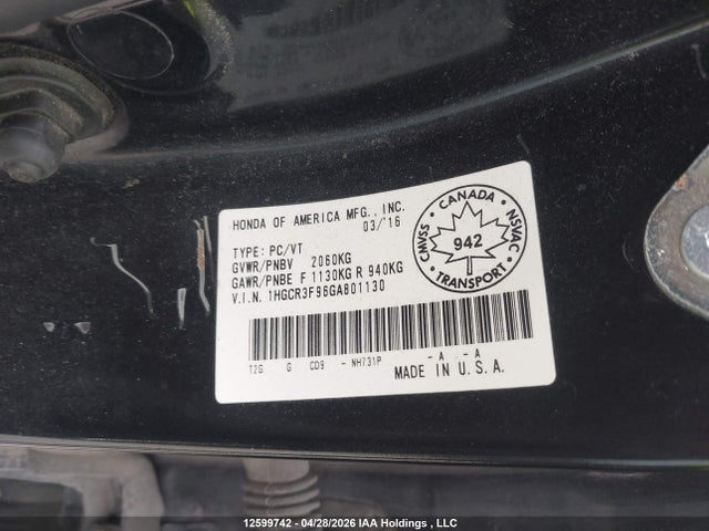 1HGCR3F96GA801130 Honda Accord Touring