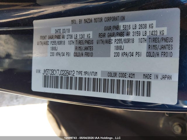 JM3TCBCY7J0228412 Mazda Cx-9 Gs-l