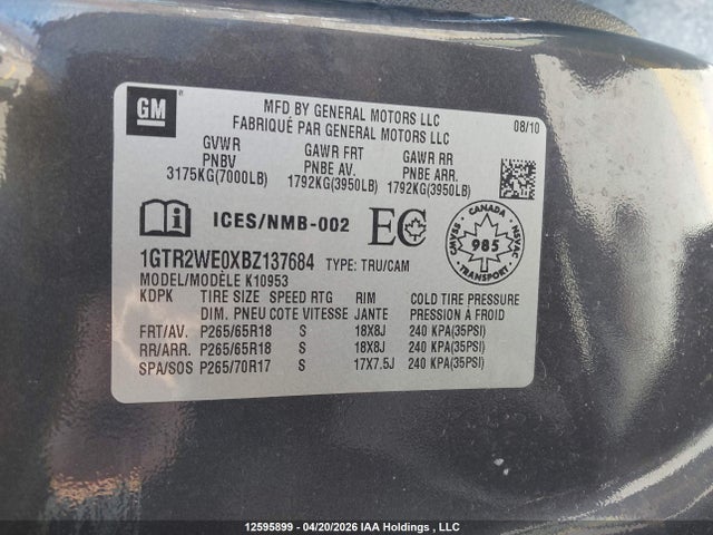 Aukcja sprzedaży 2011 Gmc Sierra 1500 Slt, vin: 1GTR2WE0XBZ137684, numer aukcji: 12595899