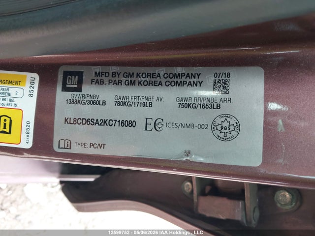 Aukcja sprzedaży 2019 Chevrolet Spark 1lt Cvt, vin: KL8CD6SA2KC716080, numer aukcji: 12599752