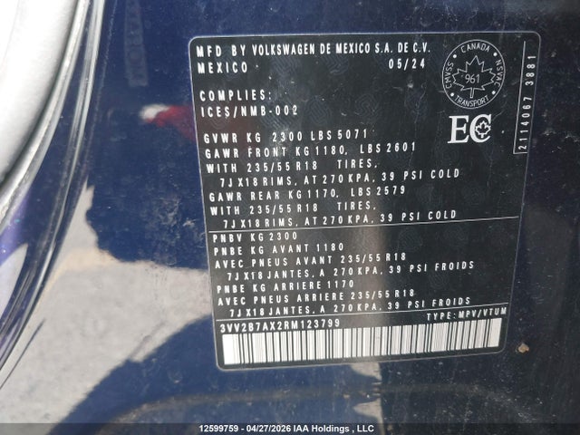 3VV2B7AX2RM123799 Volkswagen Tiguan Se/wolfsburg