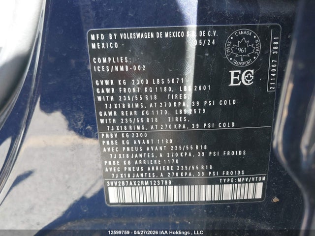 3VV2B7AX2RM123799 Volkswagen Tiguan Se/wolfsburg