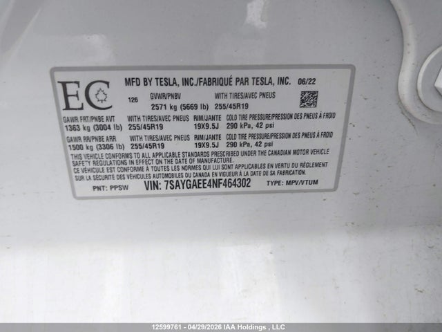 Продажа на аукционе авто 2022 Tesla Model Y, vin: 7SAYGAEE4NF464302, номер лота: 12599761