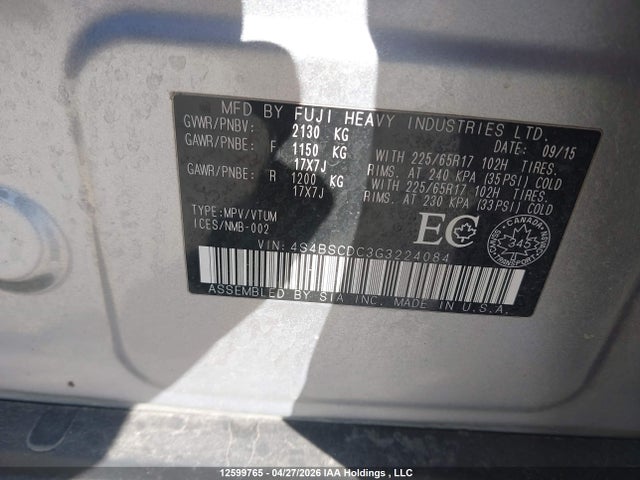 Продаж на аукціоні авто 2016 Subaru Outback 2.5i Touring Package, vin: 4S4BSCDC3G3224084, номер лоту: 12599765