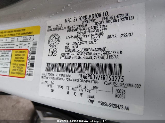 Продажа на аукционе авто 2014 Ford Fusion, vin: 3FA6P0D97ER153275, номер лота: 12599769