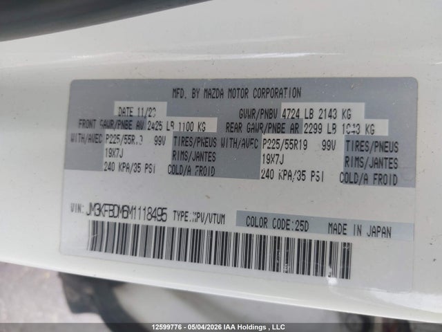 Aukcja sprzedaży 2021 Mazda Cx-5 Gt, vin: JM3KFBDM6M1118495, numer aukcji: 12599776