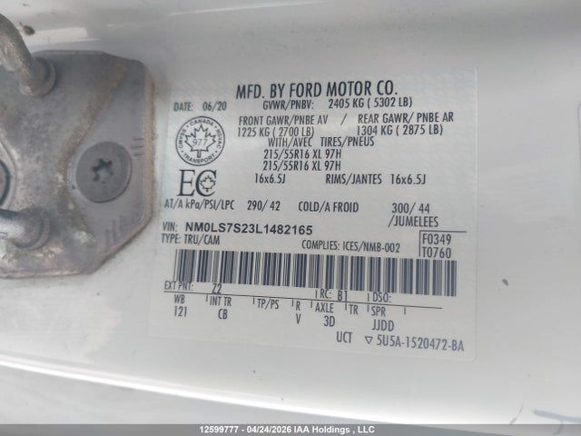 2020 Ford Transit Connect Xl მანქანა იყიდება აუქციონზე, vin: NM0LS7S23L1482165, აუქციონის ნომერი: 12599777