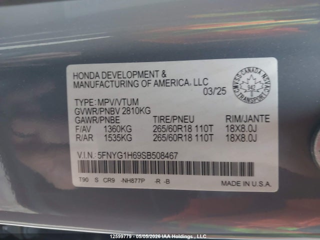 Honda Pilot 2025 5FNYG1H69SB508467 Image 9