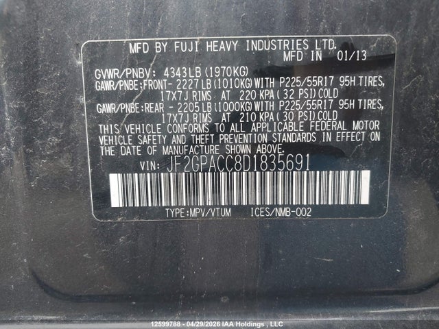Продаж на аукціоні авто 2013 Subaru Xv Crosstrek 2.0 Premium, vin: JF2GPACC8D1835691, номер лоту: 12599788