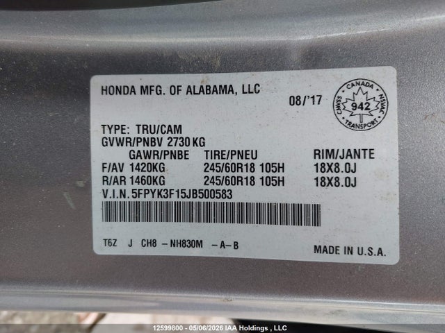 Продаж на аукціоні авто 2018 Honda Ridgeline, vin: 5FPYK3F15JB500583, номер лоту: 12599800