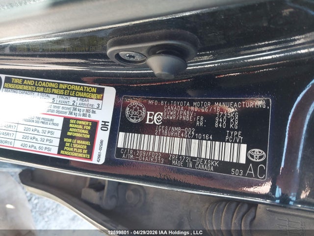 2016 Toyota Corolla S მანქანა იყიდება აუქციონზე, vin: 2T1BURHE4GC710164, აუქციონის ნომერი: 12599801