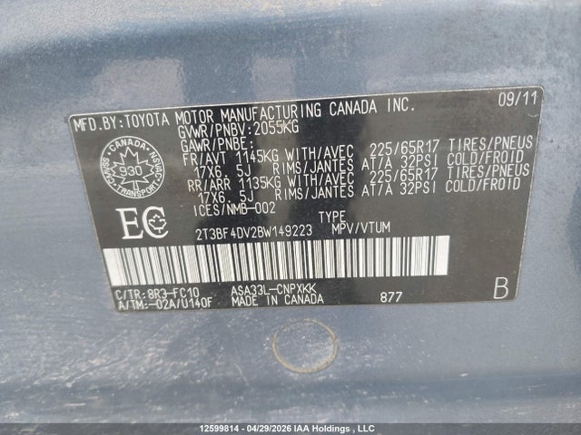 12599814 :رقم المزاد ، 2T3BF4DV2BW149223 vin ، 2011 Toyota Rav4 مزاد بيع