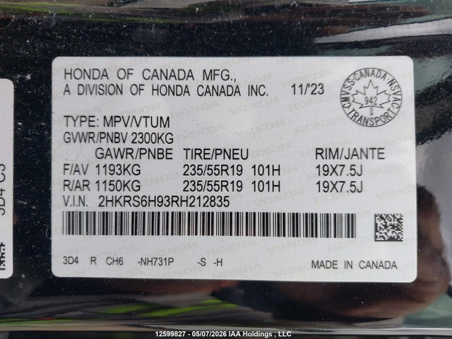 2HKRS6H93RH212835 Honda Cr-v Touring Hybrid