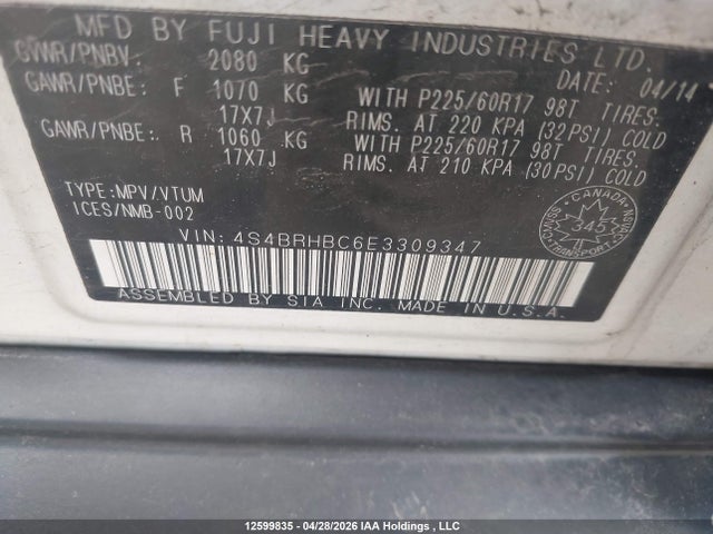 12599835 :رقم المزاد ، 4S4BRHBC6E3309347 vin ، 2014 Subaru Outback 2.5i Premium مزاد بيع