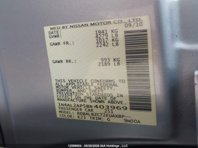 Aukcja sprzedaży 2011 Nissan Altima S, vin: 1N4AL2AP5BN403969, numer aukcji: 12599854