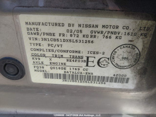 2005 Nissan Sentra 1.8/1.8 S/1.8 Special Edition Package/1.8s მანქანა იყიდება აუქციონზე, vin: 3N1CB51DX5L531256, აუქციონის ნომერი: 12599858