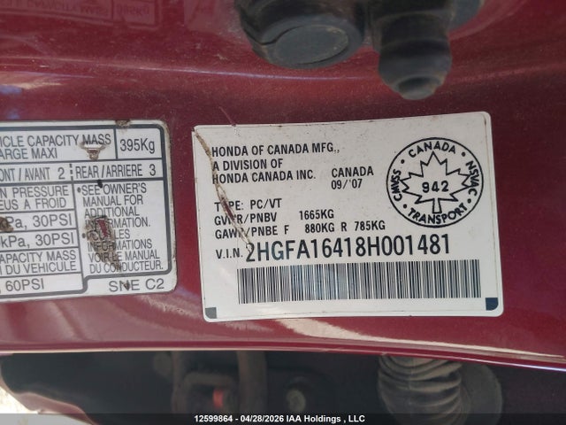 Продаж на аукціоні авто 2008 Honda Civic, vin: 2HGFA16418H001481, номер лоту: 12599864