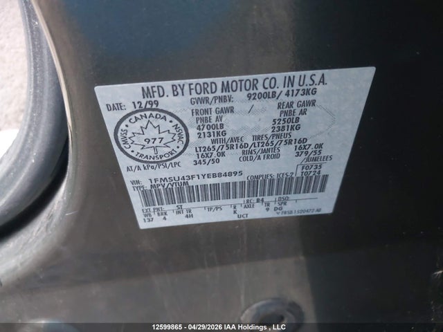 2000 Ford Excursion Limited მანქანა იყიდება აუქციონზე, vin: 1FMSU43F1YEB84895, აუქციონის ნომერი: 12599865