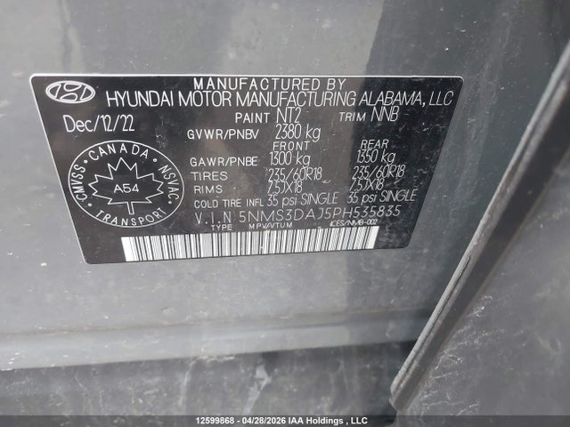 Продаж на аукціоні авто 2023 Hyundai Santa Fe, vin: 5NMS3DAJ5PH535835, номер лоту: 12599868