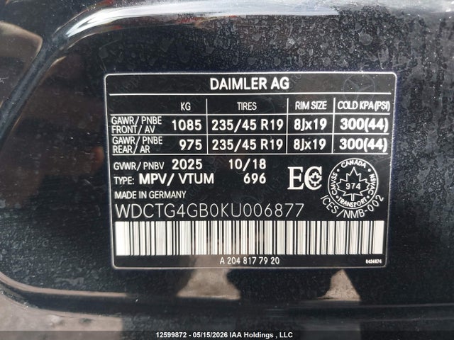 WDCTG4GB0KU006877 Mercedes-Benz Gla 250 4matic