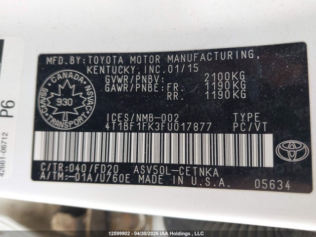 2015 Toyota Camry Le/xle/se/xse მანქანა იყიდება აუქციონზე, vin: 4T1BF1FK3FU017877, აუქციონის ნომერი: 12599902
