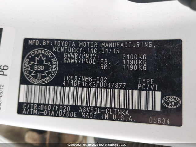 2015 Toyota Camry Le/xle/se/xse მანქანა იყიდება აუქციონზე, vin: 4T1BF1FK3FU017877, აუქციონის ნომერი: 12599902