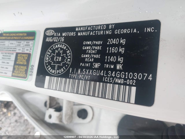12599907 :رقم المزاد ، 5XXGU4L34GG103074 vin ، 2016 Kia Optima Ex/ex Tech مزاد بيع