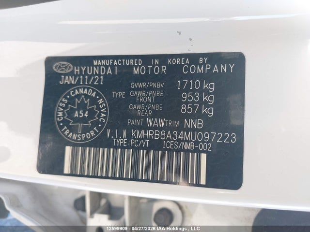 Aukcja sprzedaży 2021 Hyundai Venue Se, vin: KMHRB8A34MU097223, numer aukcji: 12599909