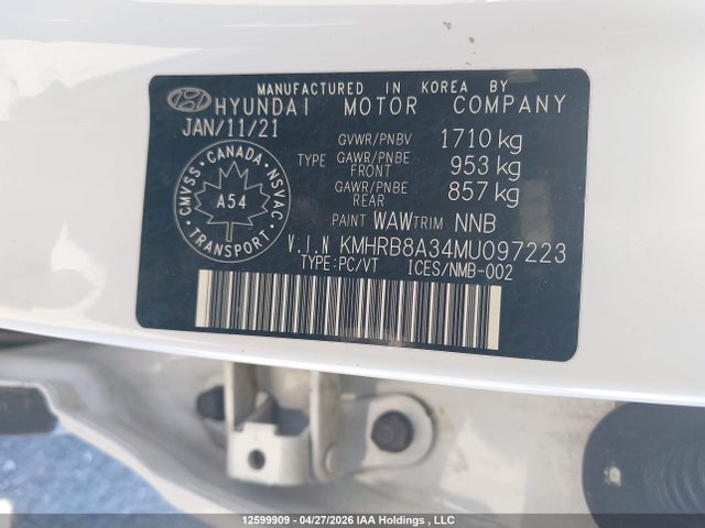 Aukcja sprzedaży 2021 Hyundai Venue Se, vin: KMHRB8A34MU097223, numer aukcji: 12599909
