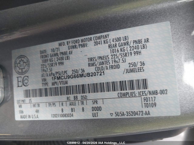 1FMCU9G66MUB20721 Ford ESCAPE SE