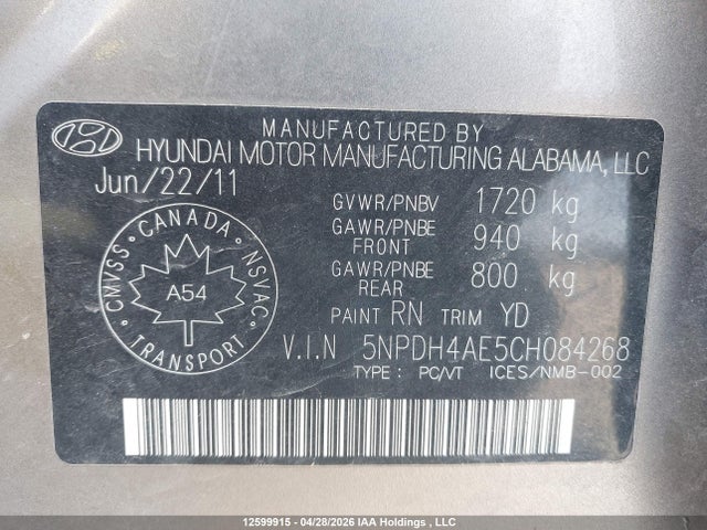 Продаж на аукціоні авто 2012 Hyundai Elantra Limited, vin: 5NPDH4AE5CH084268, номер лоту: 12599915