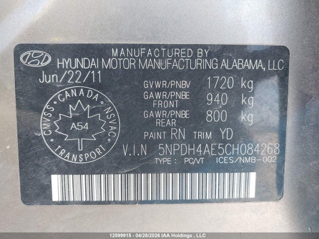 Продаж на аукціоні авто 2012 Hyundai Elantra Limited, vin: 5NPDH4AE5CH084268, номер лоту: 12599915