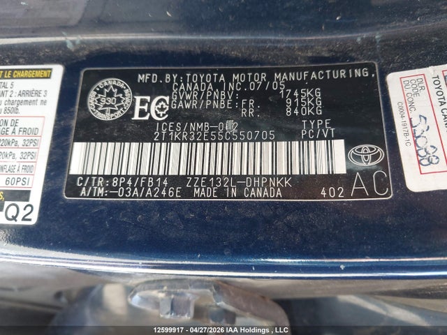 2005 Toyota Matrix Xr მანქანა იყიდება აუქციონზე, vin: 2T1KR32E55C550705, აუქციონის ნომერი: 12599917