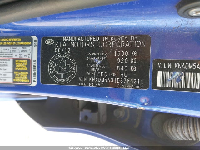 2013 Kia Rio მანქანა იყიდება აუქციონზე, vin: KNADM5A31D6786211, აუქციონის ნომერი: 12599922
