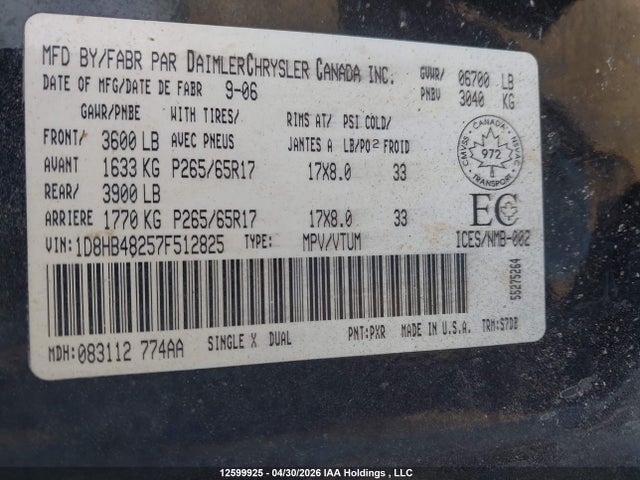 Продажа на аукционе авто 2007 Dodge Durango Slt, vin: 1D8HB48257F512825, номер лота: 12599925