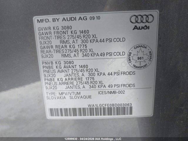 2011 Audi Q7 Premium Plus მანქანა იყიდება აუქციონზე, vin: WA1LGCFE0BD003063, აუქციონის ნომერი: 12599930