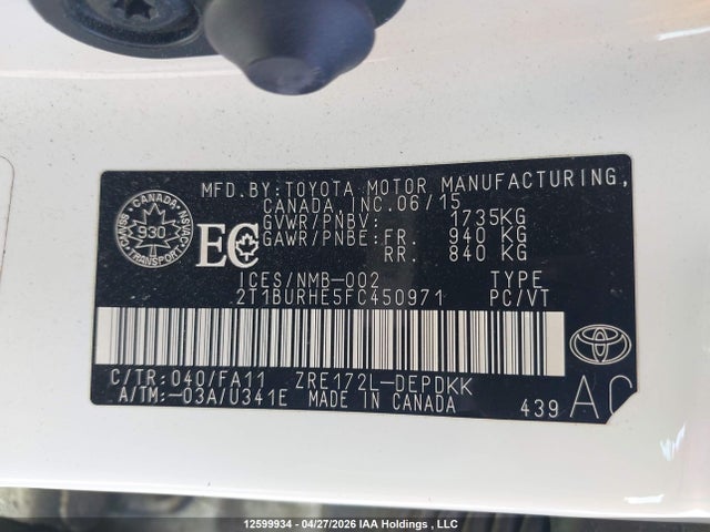 12599934 :رقم المزاد ، 2T1BURHE5FC450971 vin ، 2015 Toyota Corolla Ce مزاد بيع