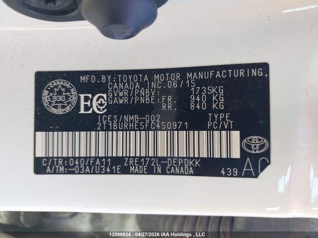12599934 :رقم المزاد ، 2T1BURHE5FC450971 vin ، 2015 Toyota Corolla Ce مزاد بيع
